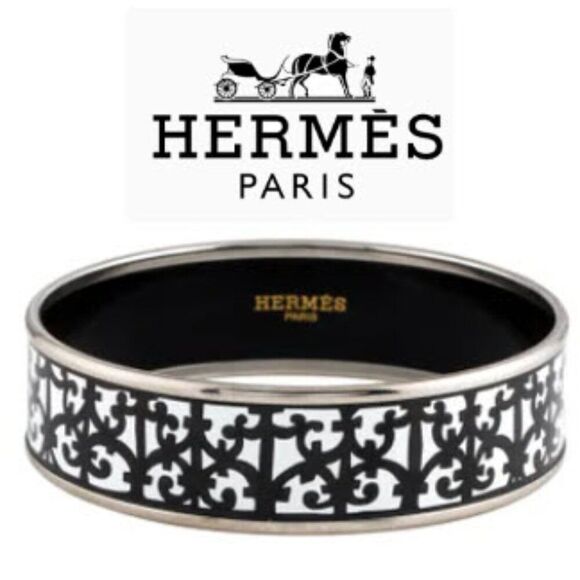 Hermès Black & White Enamel Palladium Plated Balcons du Guadalquivir Wide Bangle - Picture 1 of 5
